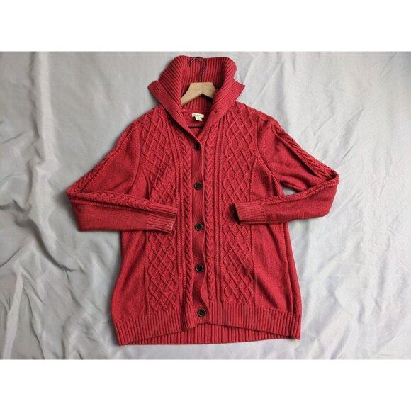 L.L. Bean Sweater Red Cable Knit Fisherman Button Up Turtleneck Womens Size L - Picture 1 of 12